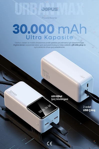 Jopus 30000mAh Powerbank LCD Ekranlı Taşıma Askılı Güçlü Taşınabilir Şarj Cihazı Beyaz JP-P12 ürün görseli 1