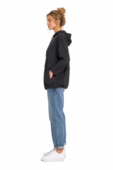 Kadın Oversize Kapüşonlu Siyah Sweatshirt - Siyah - Resim 2