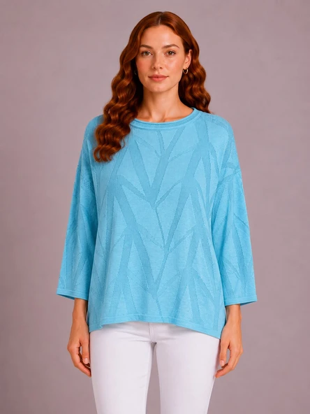 Kadın Mavi Triko Dokulu Oversize Bluz - Turkuaz ürün görseli 1