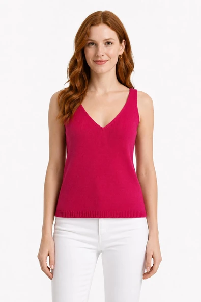 Kadın V Yaka Askılı Triko Süprem Atlet T-Shirt - Pembe ürün görseli 1