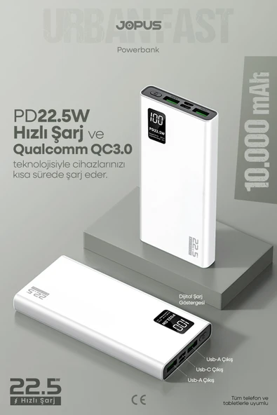 Jopus 10000mAh PowerBank PD 22.5W Hızlı Şarj - Dijital Ekranlı - Taşınabilir Şarj Cihazı - Beyaz JP-P12 ürün görseli 1