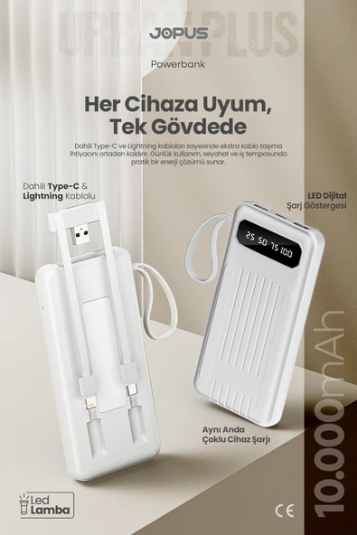 Jopus 10000mAh Powerbank Dahili Kablolu, LCD Ekranlı, LED Lambalı, Taşınabilir Şarj Cihazı Beyaz JP-P11 ürün görseli 1