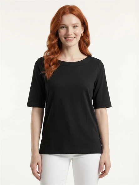 Kadın Siyah Standart Kesim Yuvarlak Yaka T-Shirt - Siyah ürün görseli 1