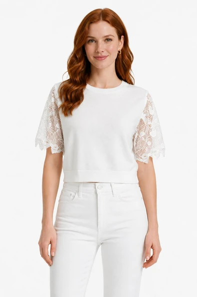 Kadın Beyaz Dantel Detaylı Kısa Kollu T-Shirt - Beyaz ürün görseli 1