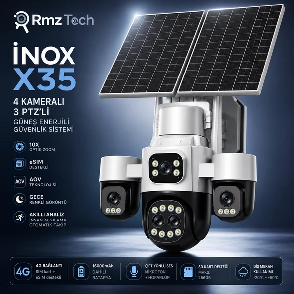 INOX X35 4 Kameralı 3 PTZ 10X Optik Zoom 4G eSIM Solar PTZ Güvenlik Kamerası ürün görseli 1