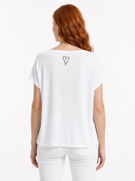Kadın Beyaz Basic Yuvarlak Yaka T-Shirt - Beyaz - Resim 2