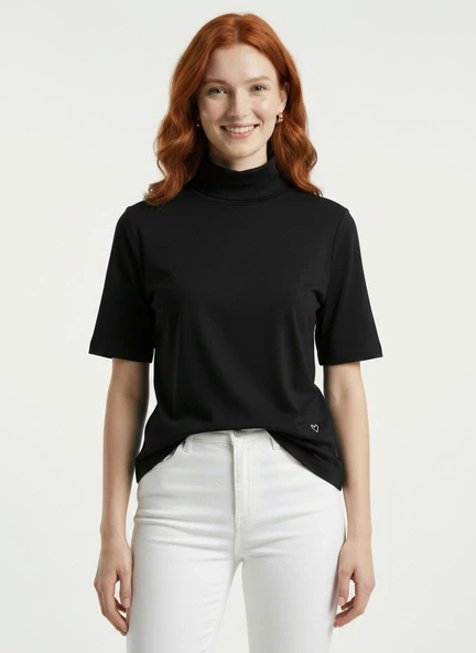 Kadın Siyah Yarım Balıkçı Yaka Kısa Kollu T-Shirt - Siyah ürün görseli 1