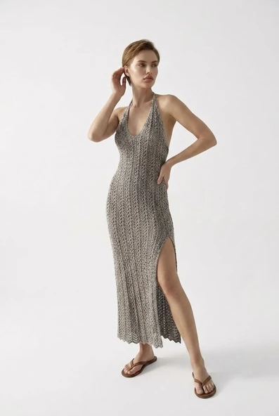 Beachwear Boyundan Bağlamalı Ajurlu Triko Plaj Elbisesi - Gri ürün görseli 1