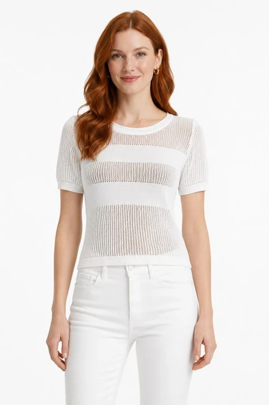Kadın Beyaz Triko Kısa Kollu T-Shirt - Beyaz ürün görseli 1