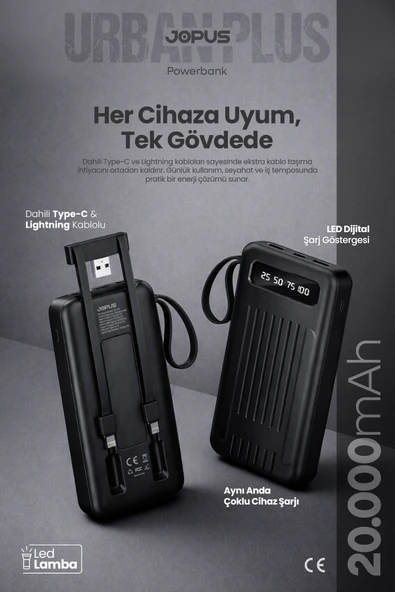 Jopus 20000mAh PowerBank Dahili Kablolu, LCD Ekranlı, LED Lambalı, Taşınabilir Şarj Cihazı - Siyah JP-P11A ürün görseli 1