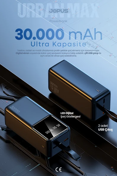 Jopus 30000mAh Powerbank LCD Ekranlı Taşıma Askılı Güçlü Taşınabilir Şarj Cihazı Siyah JP-P12 ürün görseli 1