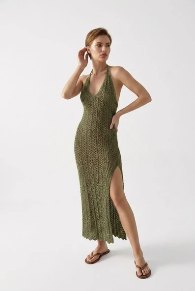 Beachwear Boyundan Bağlamalı Ajurlu Triko Plaj Elbisesi - Haki ürün görseli 1