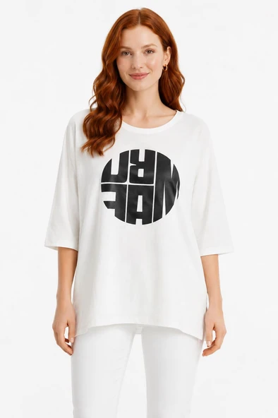 Kadın Beyaz Oversize Baskılı T-Shirt - Beyaz ürün görseli 1