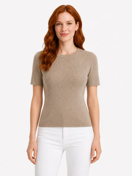 Kadın Vizon Renk Slim Fit Kısa Kollu Triko T-Shirt - Bej ürün görseli 1