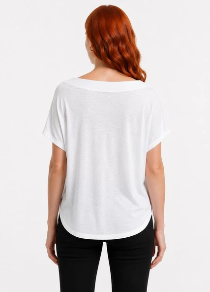 Kadın Relaxed Fit Beyaz Basic T-Shirt - Beyaz - Resim 2