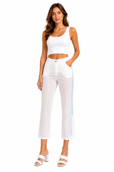 Kadın Regular Fit Paça Beyaz Pantolon - Beyaz ürün görseli 1