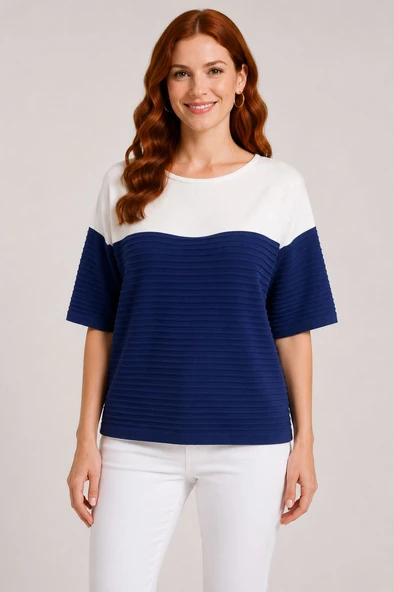 Kadın Triko Kumaş Relaxed Fit Yarım Kollu Bluz - Lacivert ürün görseli 1