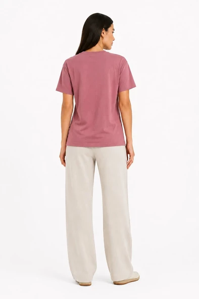 Kadın Bağlamalı Kısa Kollu Basic T-Shirt - Pembe - Resim 3