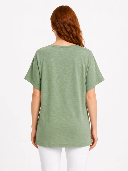 Kadın Relax Pamuklu Yeşil Basic T-Shirt - Yeşil - Resim 2