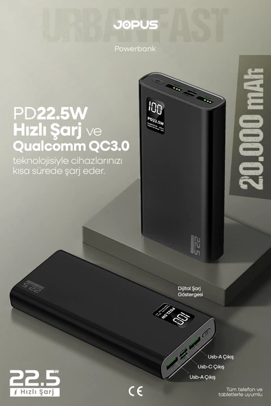 Jopus 20000mAh PowerBank PD 22.5W Hızlı Şarj - Dijital Ekranlı - Taşınabilir Şarj Cihazı - Siyah JP-P12 ürün görseli 1