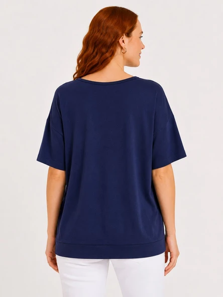 Lacivert Oversize Kadın Basic T-Shirt - Lacivert - Resim 2