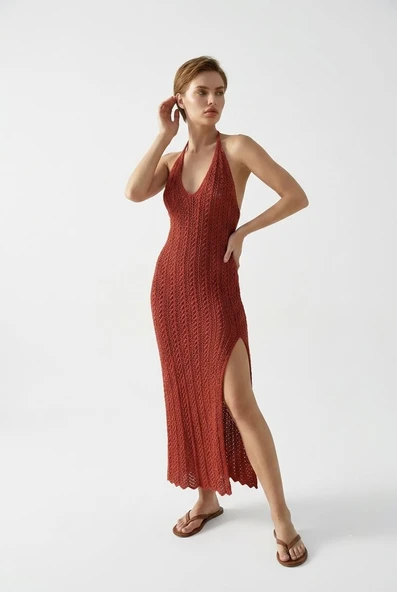 Beachwear Boyundan Bağlamalı Ajurlu Triko Plaj Elbisesi - Kırmızı ürün görseli 1