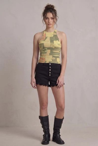 Kadın Fitilli Grafik Desenli Baskılı Halter Yaka Crop Bluz - Sarı ürün görseli 1