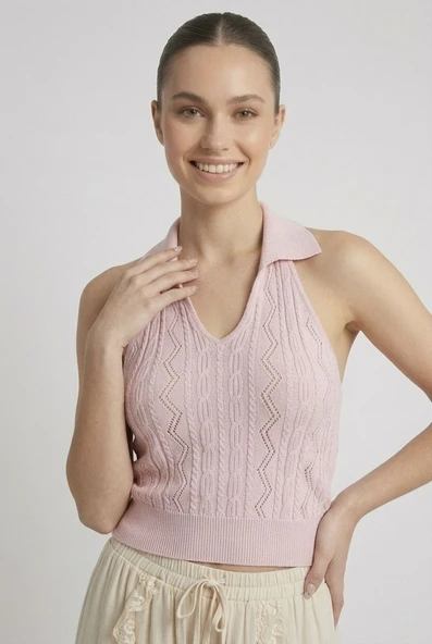 Kadın Polo Yaka Sırt Dekolteli Crop Bluz - Pembe ürün görseli 1