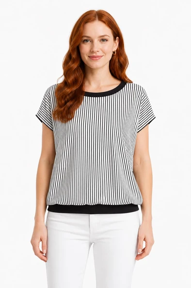Kadın Çizgili Siyah Beyaz Regular Fit Kısa Kollu T-Shirt - Siyah ürün görseli 1