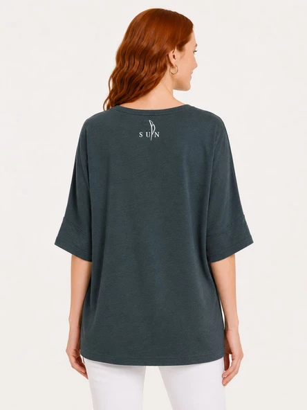 Kadın Oversize Yuvarlak Yaka Basic Bluz - Koyu Yeşil - Resim 2