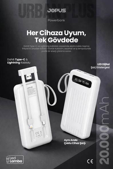 Jopus 20000mAh PowerBank Dahili Kablolu, LCD Ekranlı, LED Lambalı, Taşınabilir Şarj Cihazı - Beyaz JP-P11A ürün görseli 1