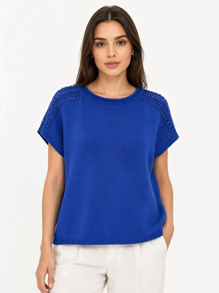 Kadın Mavi Triko Kısa Kol T-Shirt - Lacivert ürün görseli 1