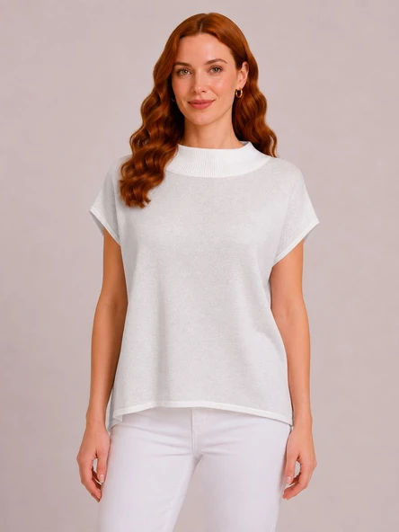 Kadın Beyaz Relaxed Fit Triko Kısa Kollu T-Shirt - Beyaz ürün görseli 1