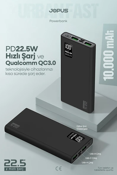 Jopus 10000mAh PowerBank PD 22.5W Hızlı Şarj - Dijital Ekranlı - Taşınabilir Şarj Cihazı - Siyah JP-P12 ürün görseli 1