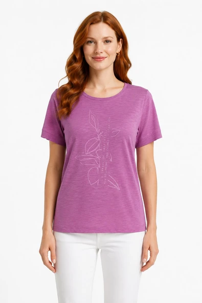 Kadın Pembe Baskılı Kısa Kollu Pamuklu T-Shirt - Pembe ürün görseli 1