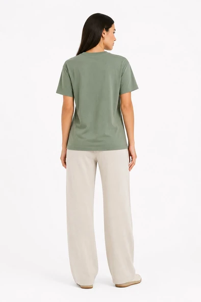 Kadın Bağlamalı Kısa Kollu Basic T-Shirt - Haki - Resim 3
