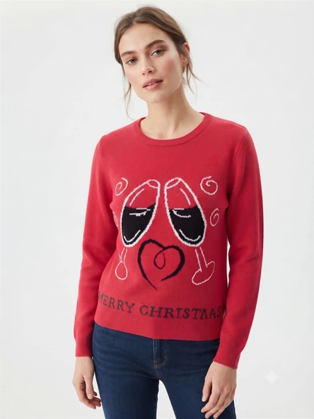 Kadın Kırmızı Triko Merry Christmas Desenli Kazak - Kırmızı ürün görseli 1