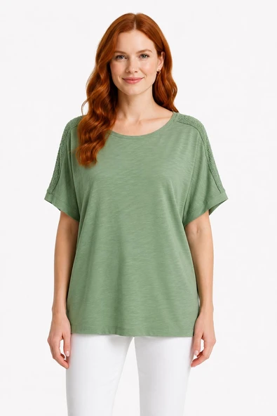 Kadın Relax Pamuklu Yeşil Basic T-Shirt - Yeşil ürün görseli 1