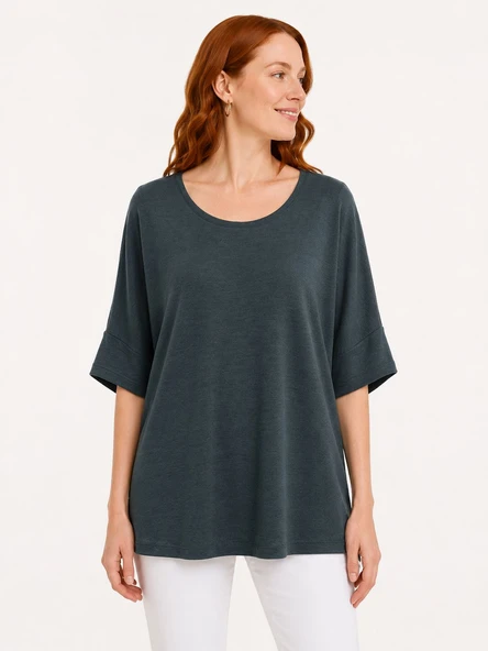 Kadın Oversize Yuvarlak Yaka Basic Bluz - Koyu Yeşil ürün görseli 1