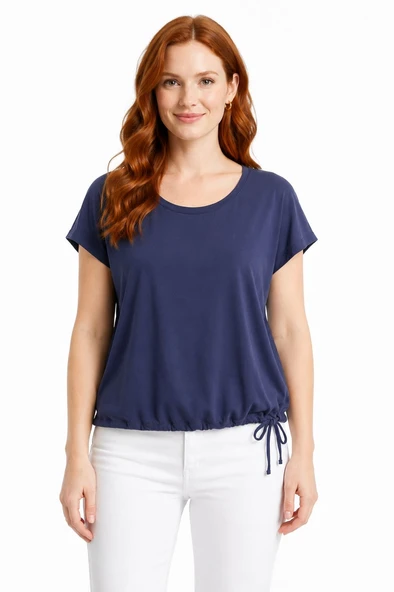 Kadın Lacivert Basic Yuvarlak Yaka Bağcıklı Pamuklu T-Shirt - Lacivert ürün görseli 1