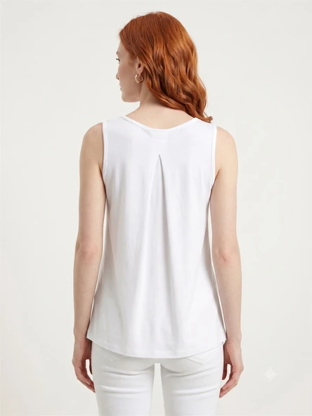 Kadın Basic Pamuklu Turuncu Askılı T-Shirt - Beyaz - Resim 2