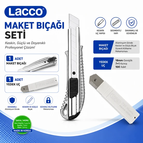 Lacco Alumunex Maket Bıçağı Seti 1 Maket Bıçağı + 1 Yedek Uç 18 mm Alüminyum Gövde Profesyonel Kesici ürün görseli 1