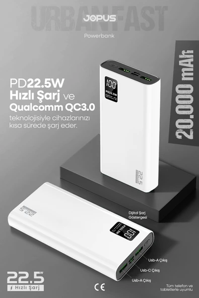 Jopus 20000mAh PowerBank PD 22.5W Hızlı Şarj - Dijital Ekranlı - Taşınabilir Şarj Cihazı - Beyaz JP-P12 ürün görseli 1