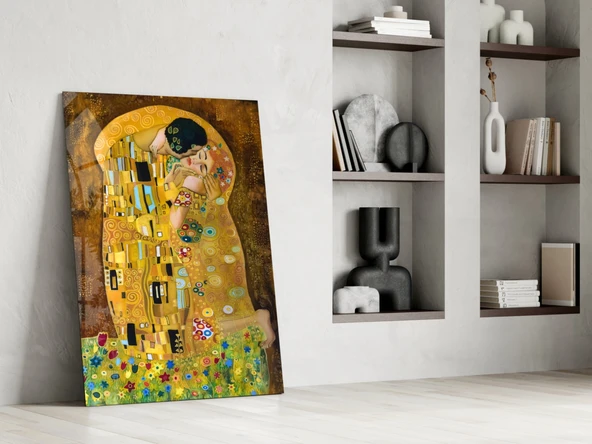 Gustav Klimt "Öpücük" Cam Tablo - Resim 6