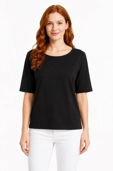 Kadın Siyah Yarım Kol Rahat Kesim T-Shirt - Siyah ürün görseli 1