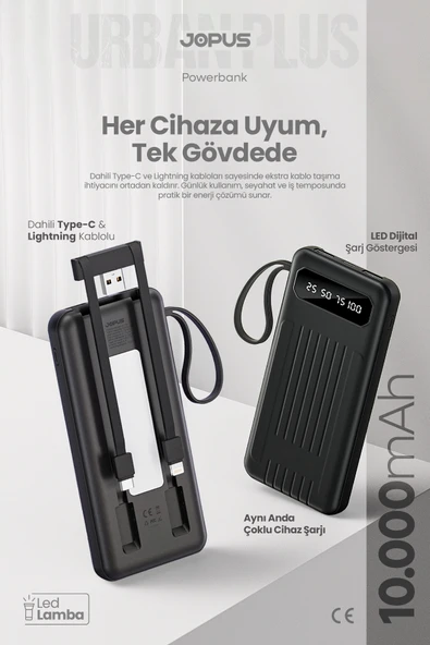 Jopus 10000mAh Powerbank Dahili Kablolu, LCD Ekranlı, LED Lambalı, Taşınabilir Şarj Cihazı Siyah JP-P11 ürün görseli 1