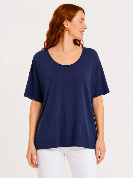 Lacivert Oversize Kadın Basic T-Shirt - Lacivert ürün görseli 1