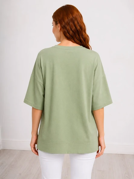 Oversize Kesim Kadın Basic T-Shirt Açık Yeşil - Yeşil - Resim 2