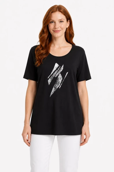 Kadın Siyah Baskılı Rahat Kesim T-Shirt - Siyah ürün görseli 1