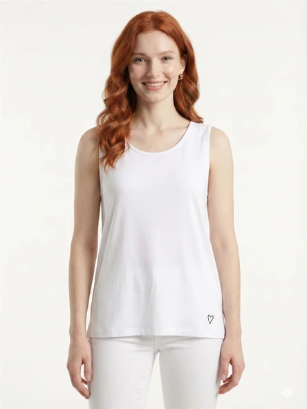 Kadın Basic Pamuklu Turuncu Askılı T-Shirt - Beyaz ürün görseli 1